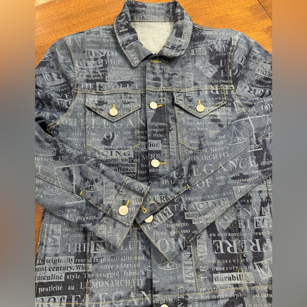 NWOT- MONFRERE Men’s Dean Logo Newspaper Print Trucker Denim Jacket